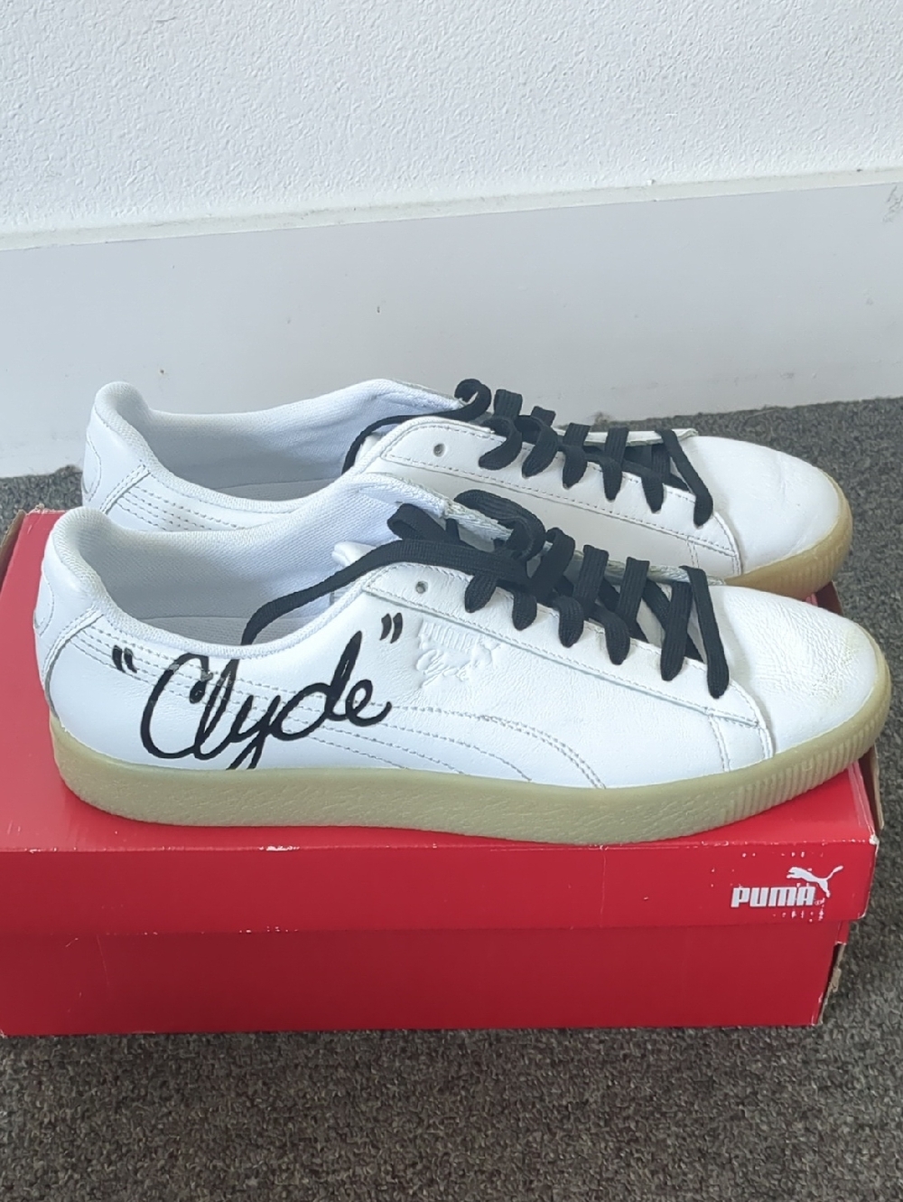 Puma White Leather Clyde Sneakers with Black Laces